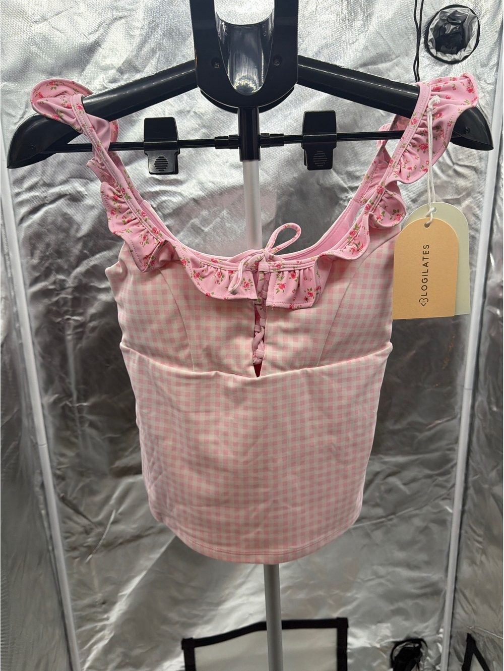 Blogilates Ruffle Lace Up Tank Top in Pink Gingham, Size XS